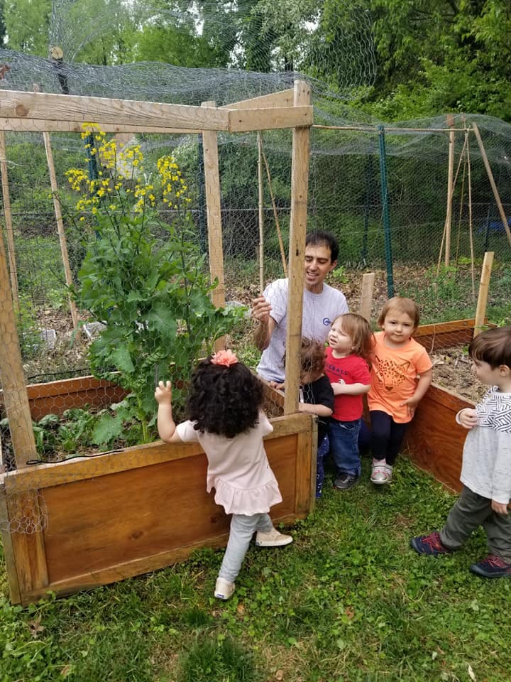 Adult and children looking at plants in a raised garden bed