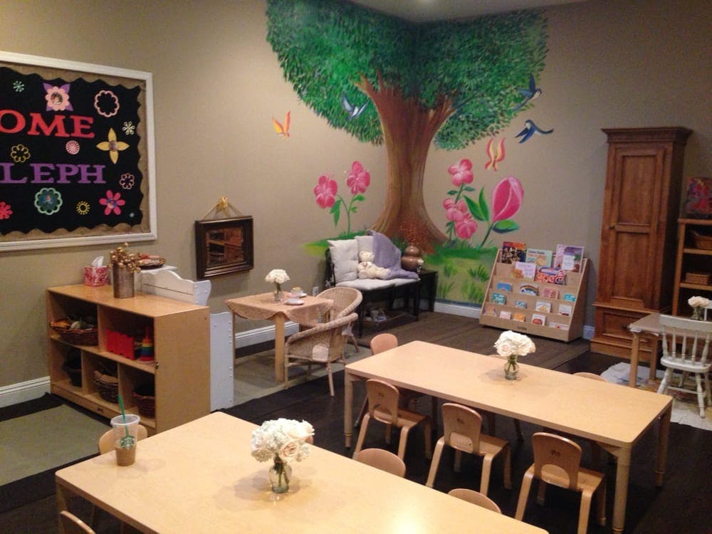 Classroom with small tables and chairs, a bulletin board, and a tree mural