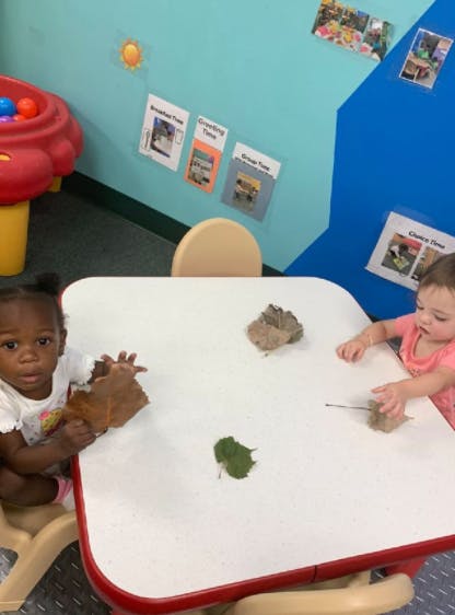 Two children playing with leaves at a table in a classroom