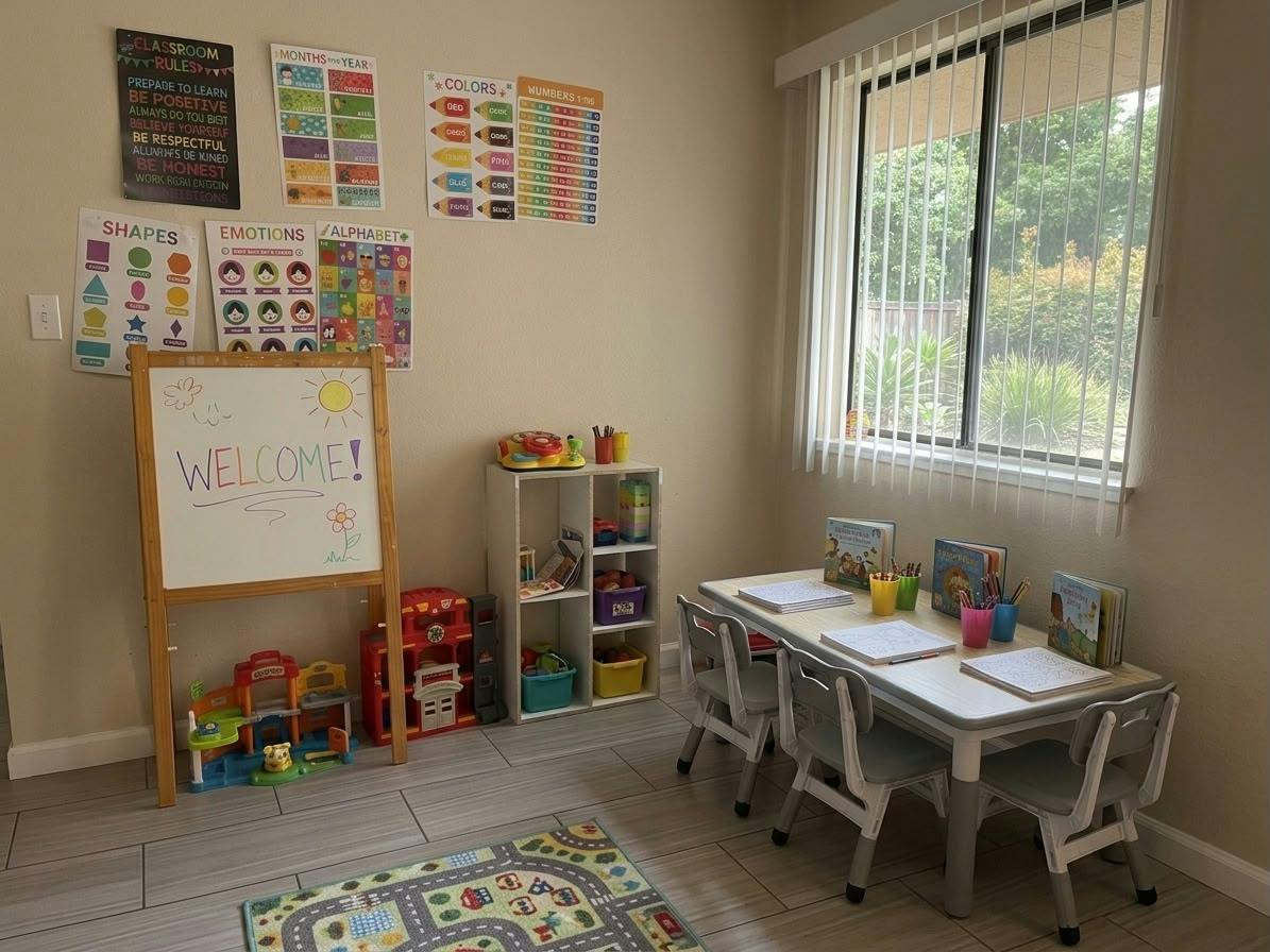 Childcare room with educational wall posters, whiteboard, and table with chairs