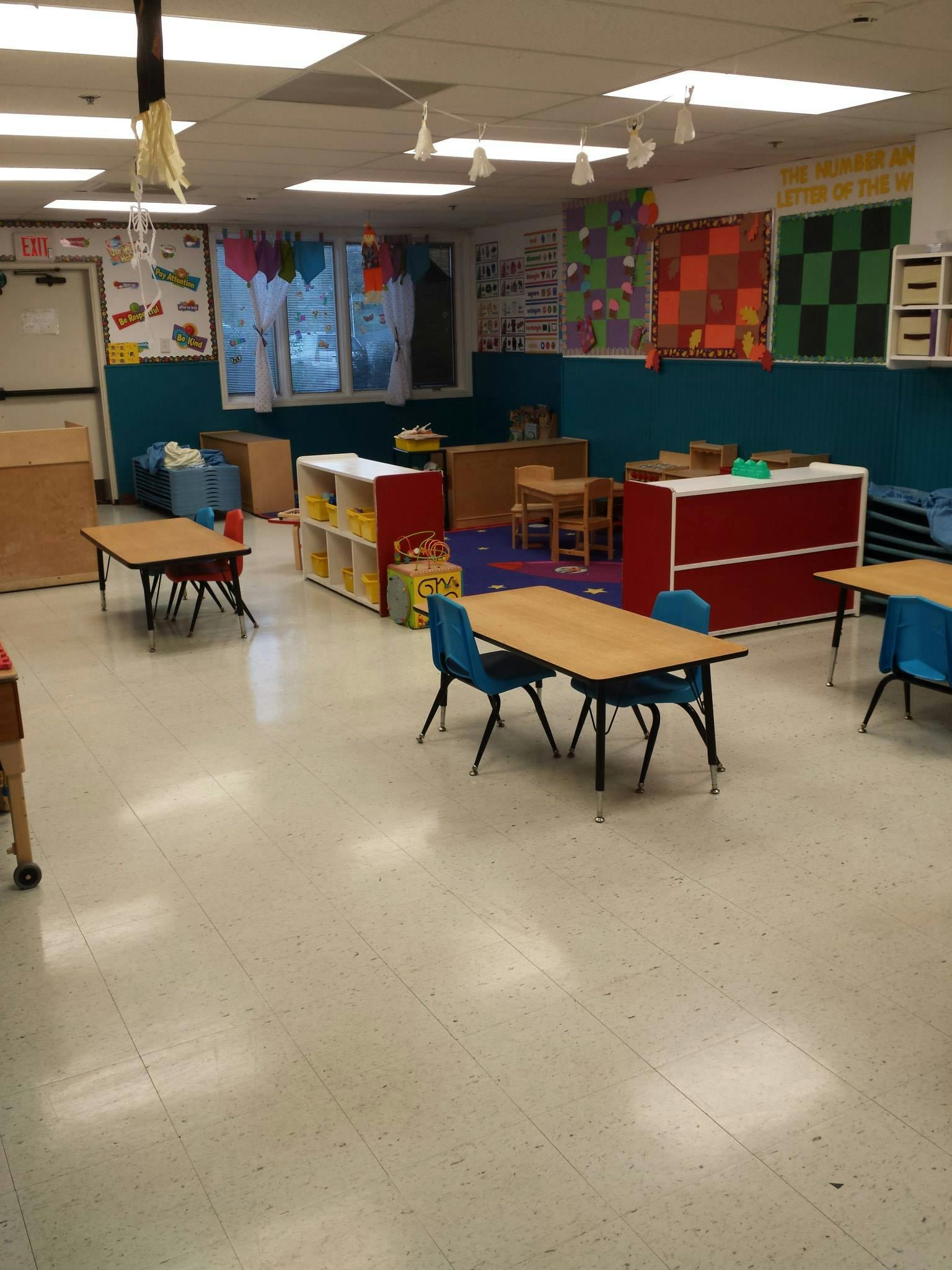 Classroom with small tables and chairs