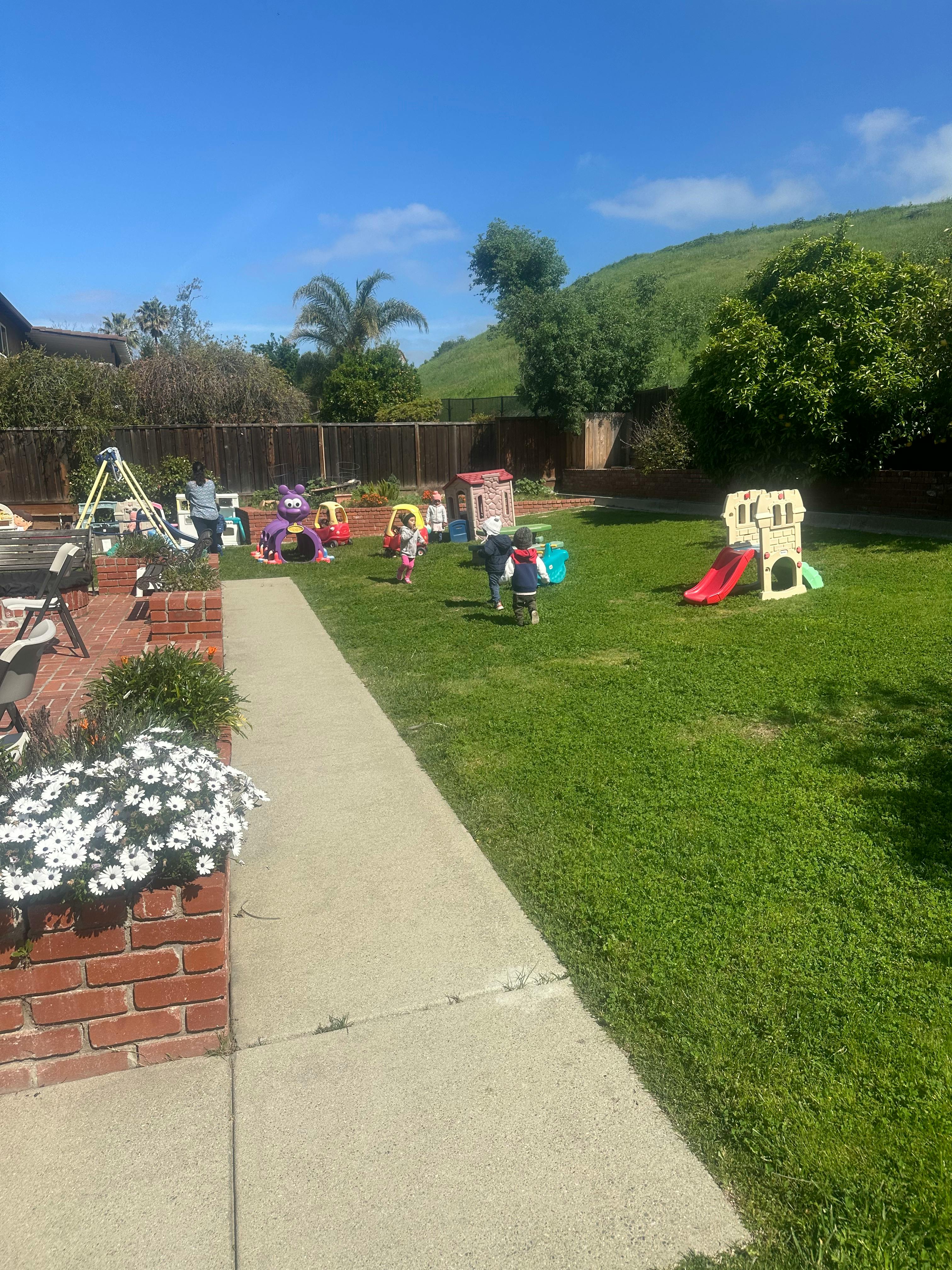 Children playing in a grassy backyard with play structures