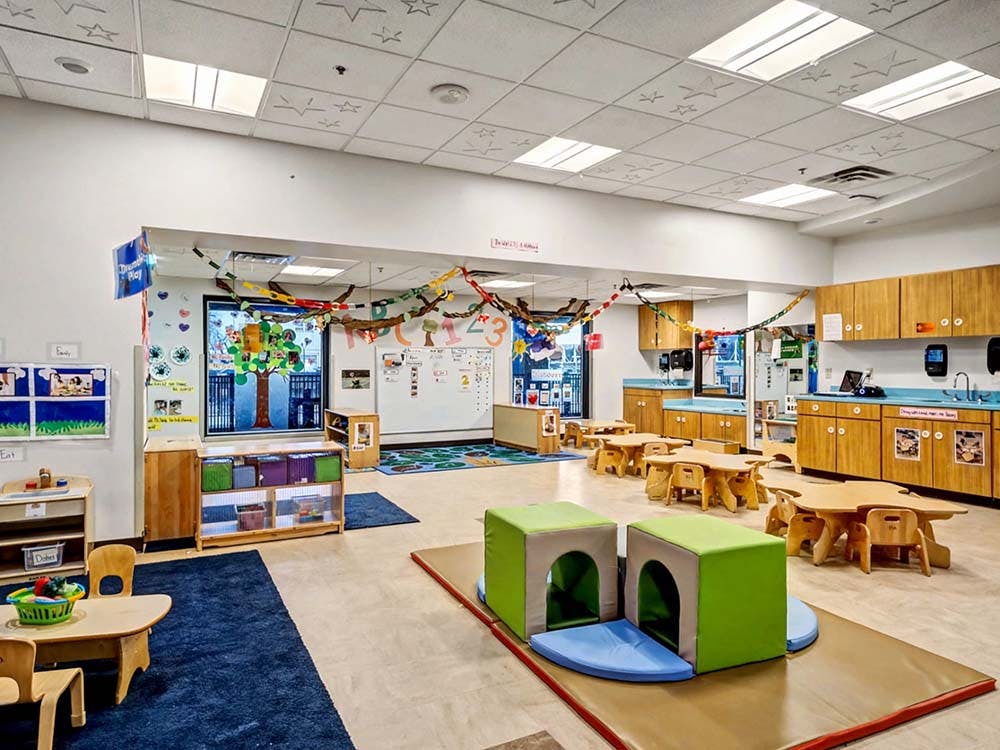 Empty colorful classroom with small tables and chairs