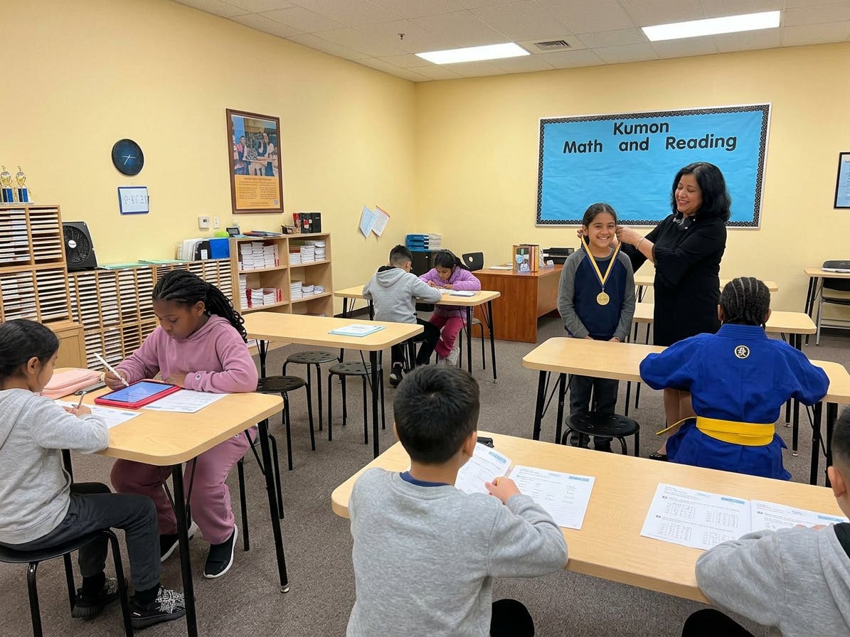 Adult placing a medal around a child's neck in a classroom
