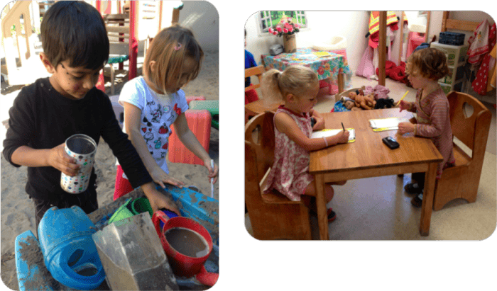 Two children playing in a sandbox, two children drawing at a table