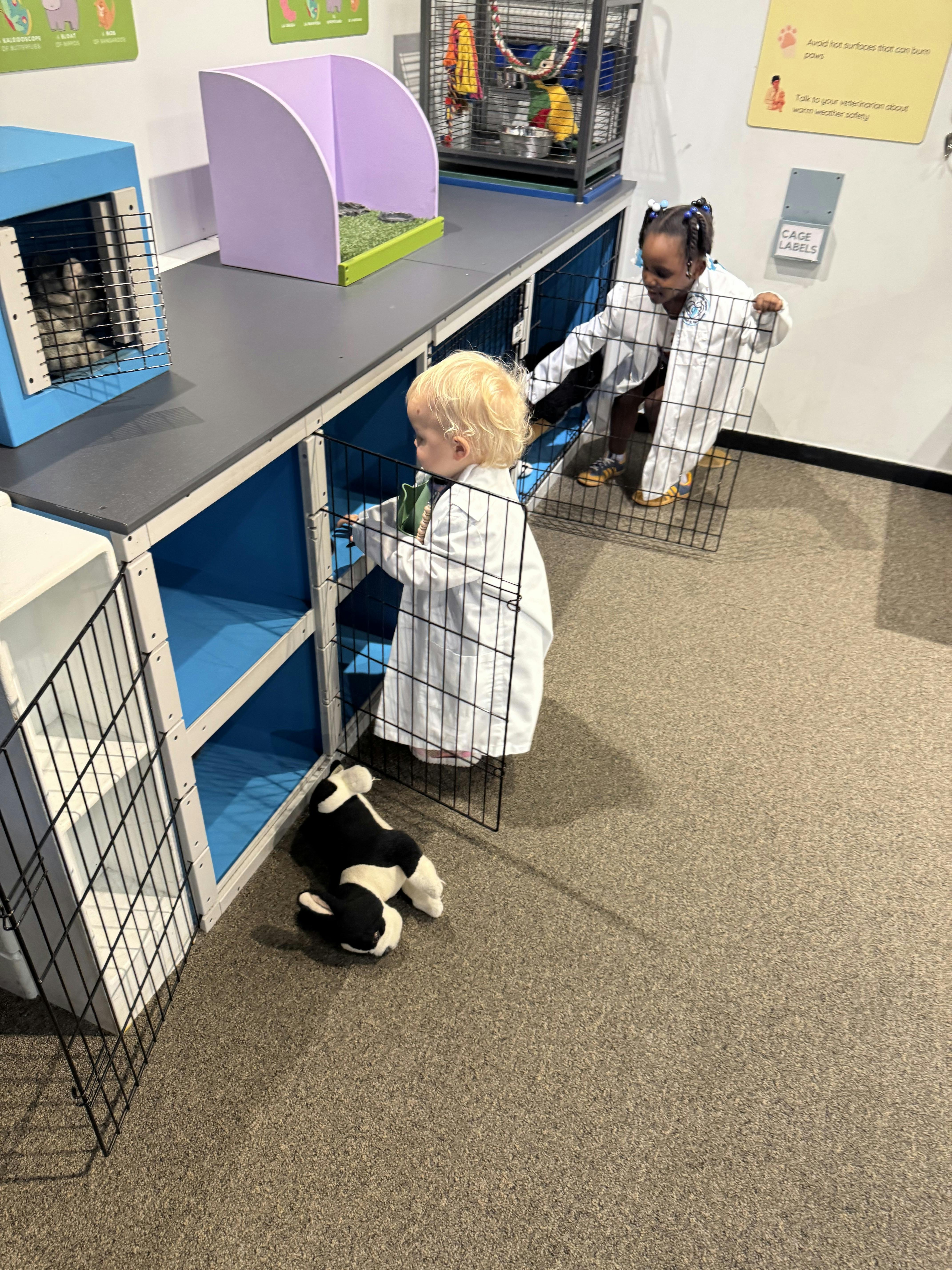 Two children wearing lab coats playing with animal cages in a exhibit