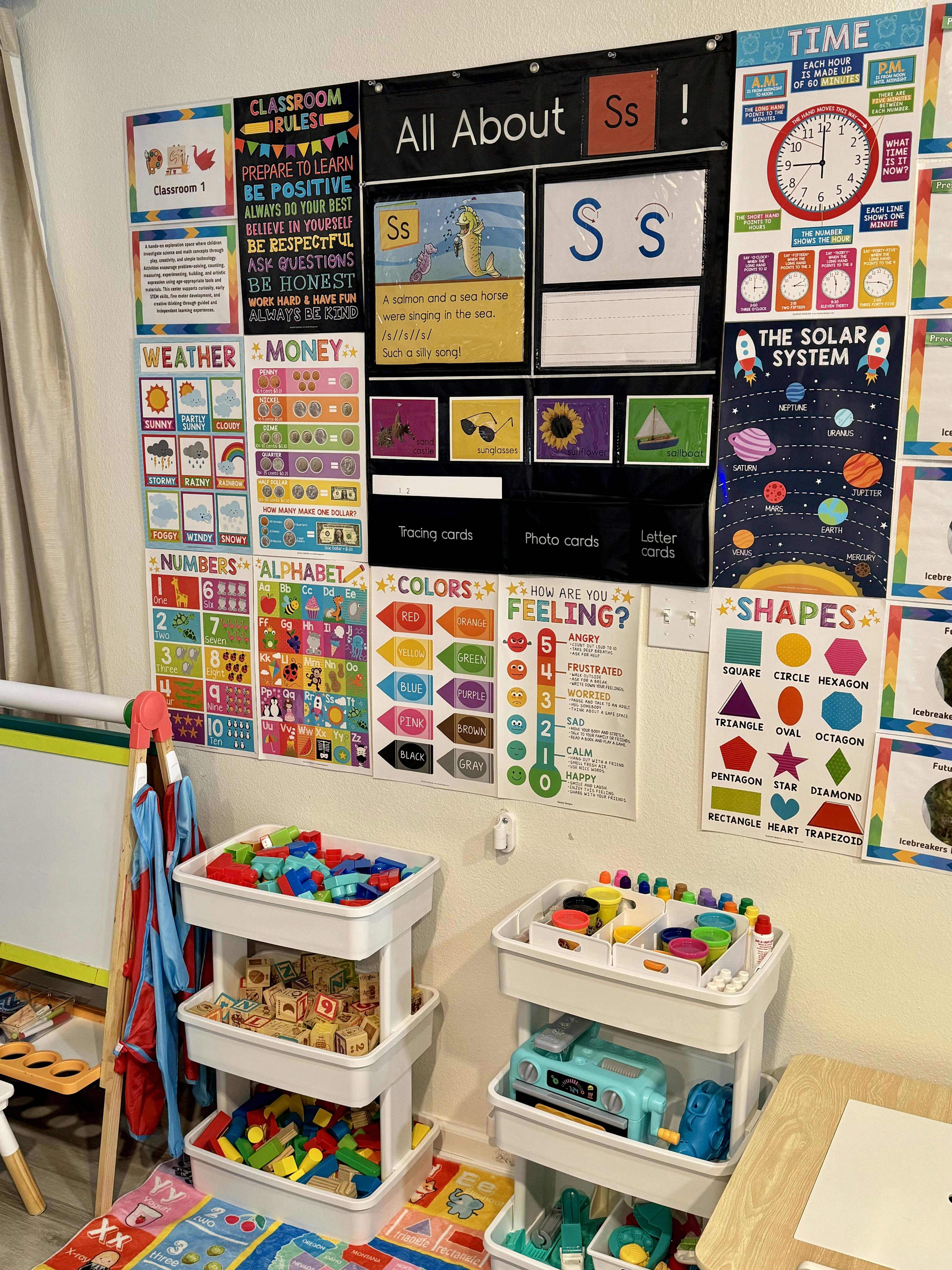 Children's classroom with educational posters, storage carts, and a whiteboard