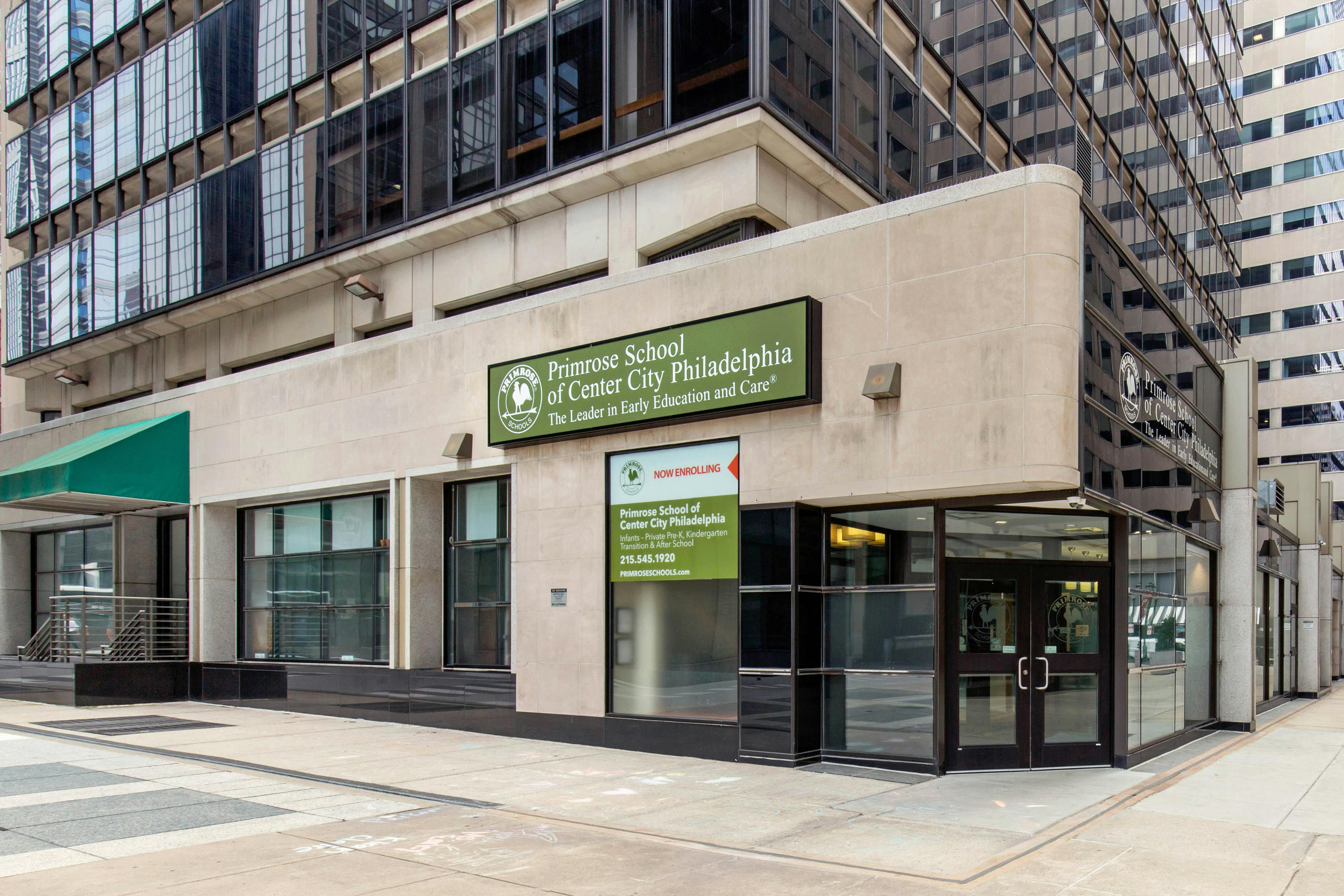 Primrose School of Center City Philadelphia building exterior with green sign