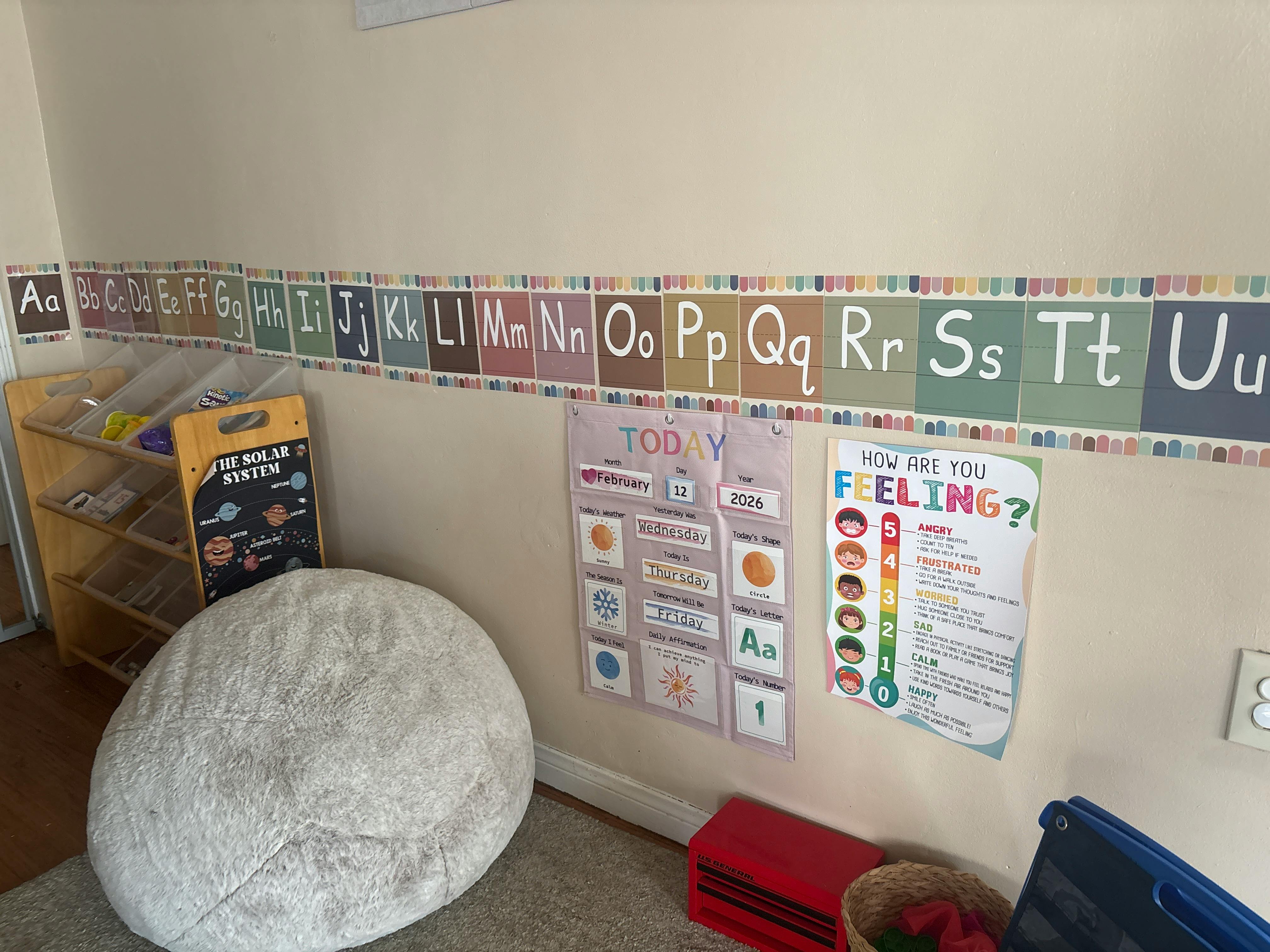 Classroom wall with alphabet border, solar system chart, and feeling chart