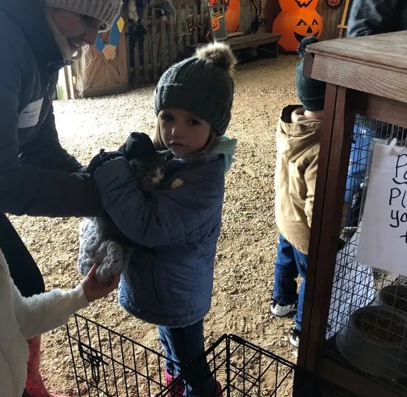 Child in a knit hat holding a small animal