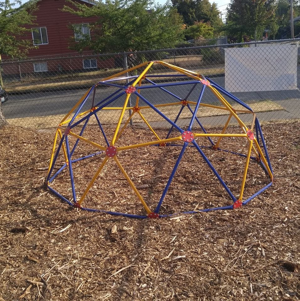 Geodesic dome climber on wood chips