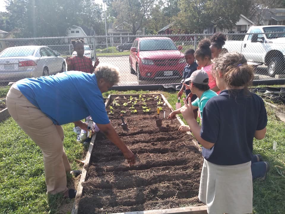 Adult and children planting in a raised garden bed
