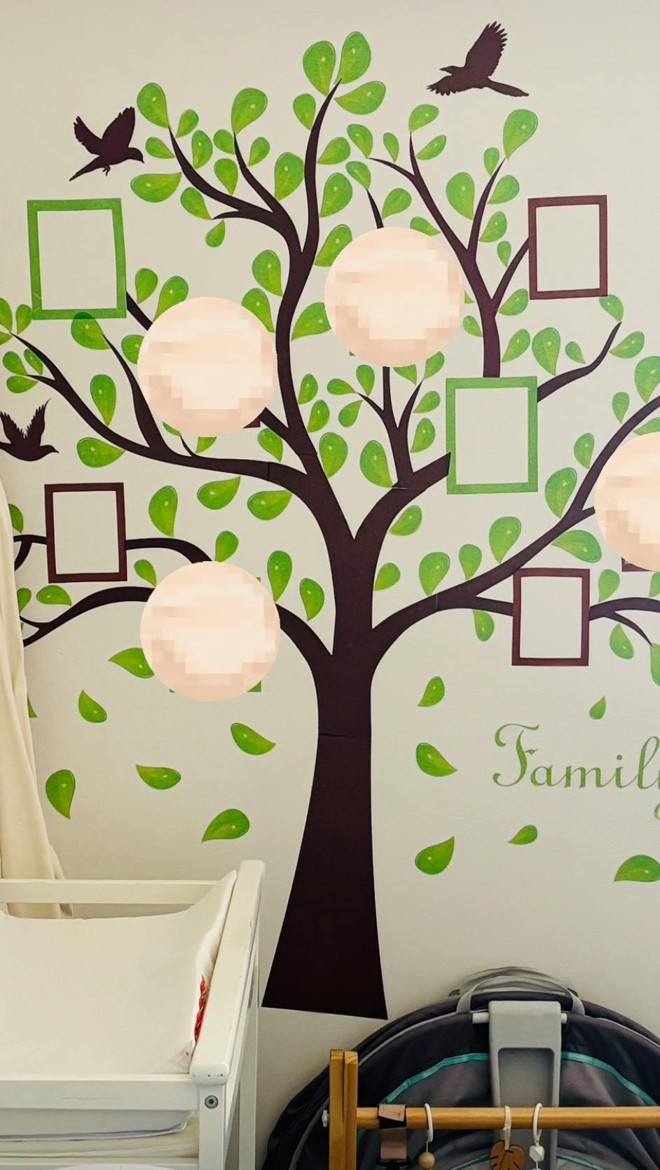 Family tree wall decal with empty picture frames and birds