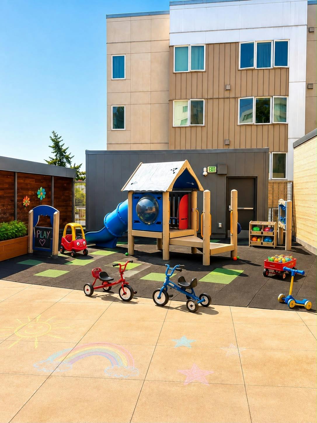 Childrens playground with a play structure, tricycles, and sidewalk chalk art