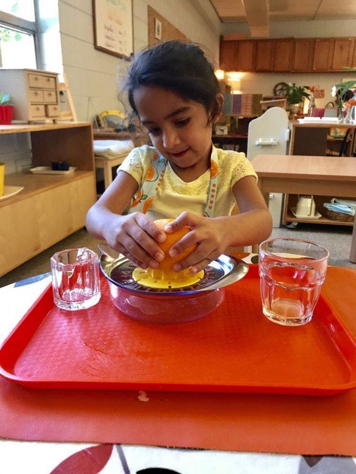 Child squeezing an orange with a juicer