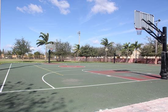 Outdoor basketball court with multiple hoops