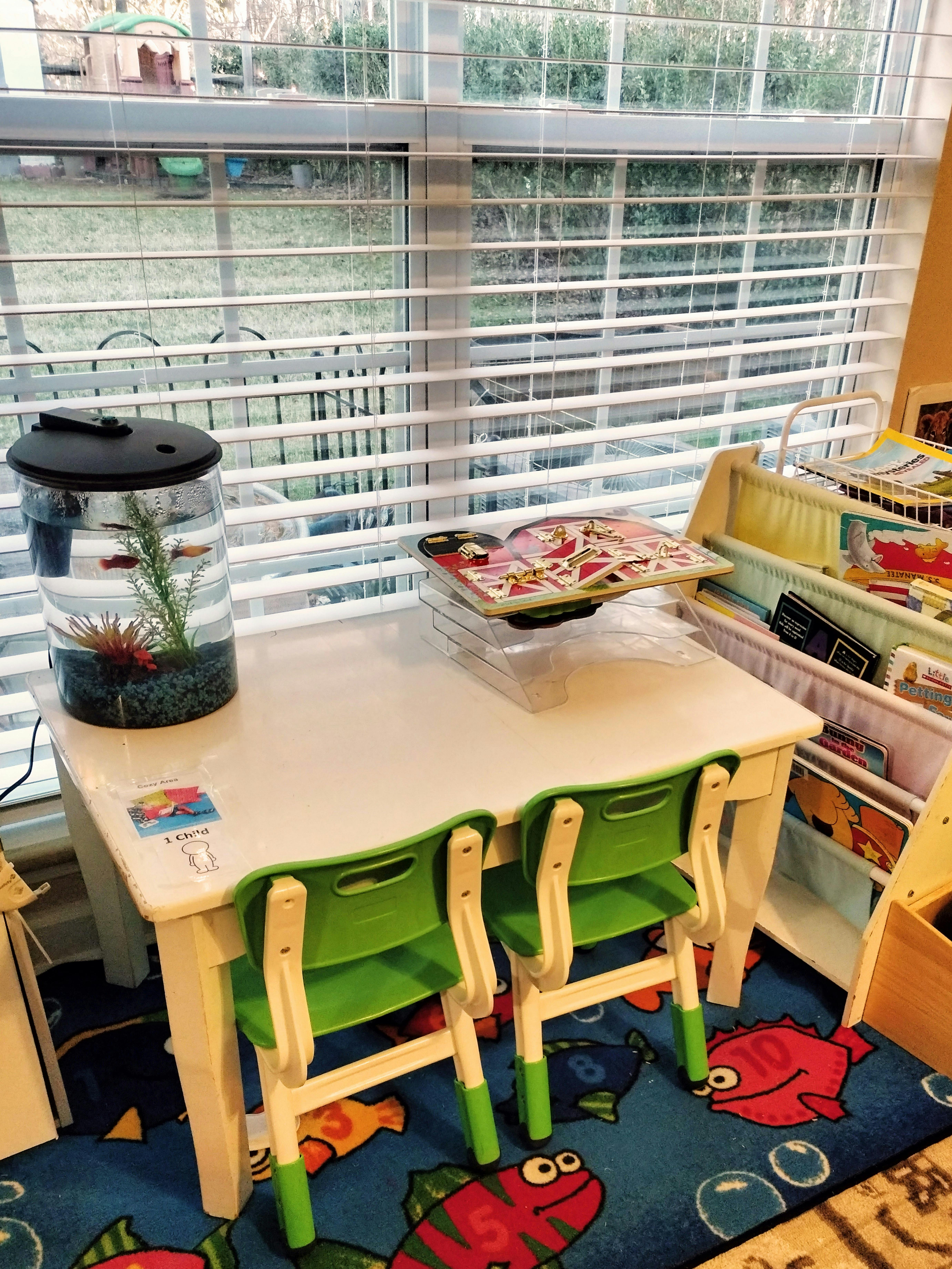 Small table with two green chairs, a fish tank, and a book