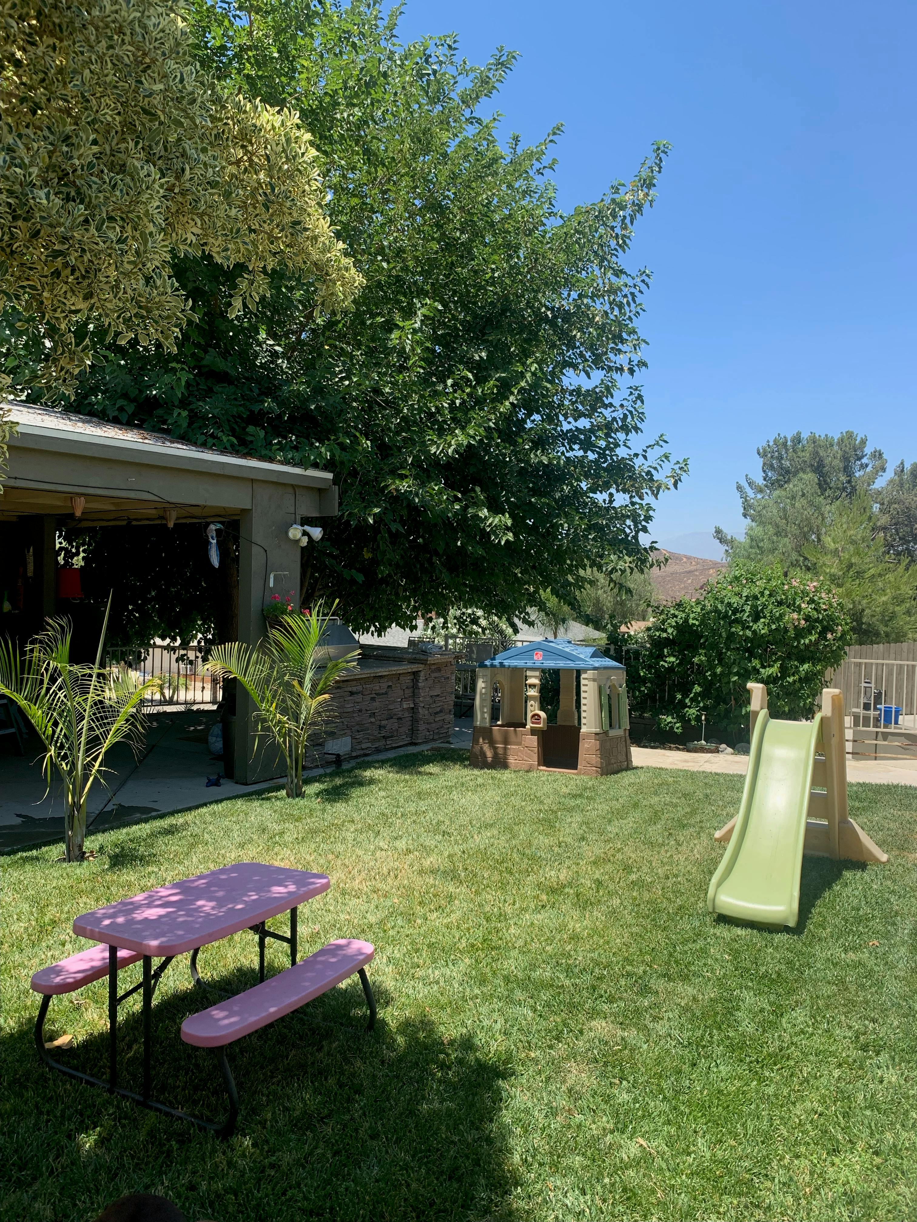 Backyard with a pink picnic table, green slide, and playhouse