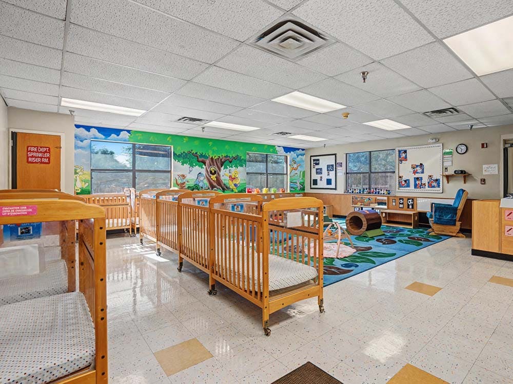A daycare room with multiple cribs, a blue rug, and wall murals