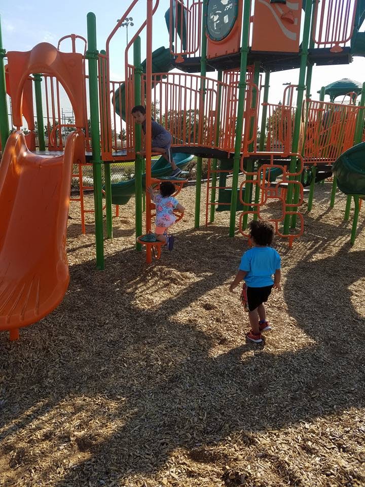 Children playing on a playground structure
