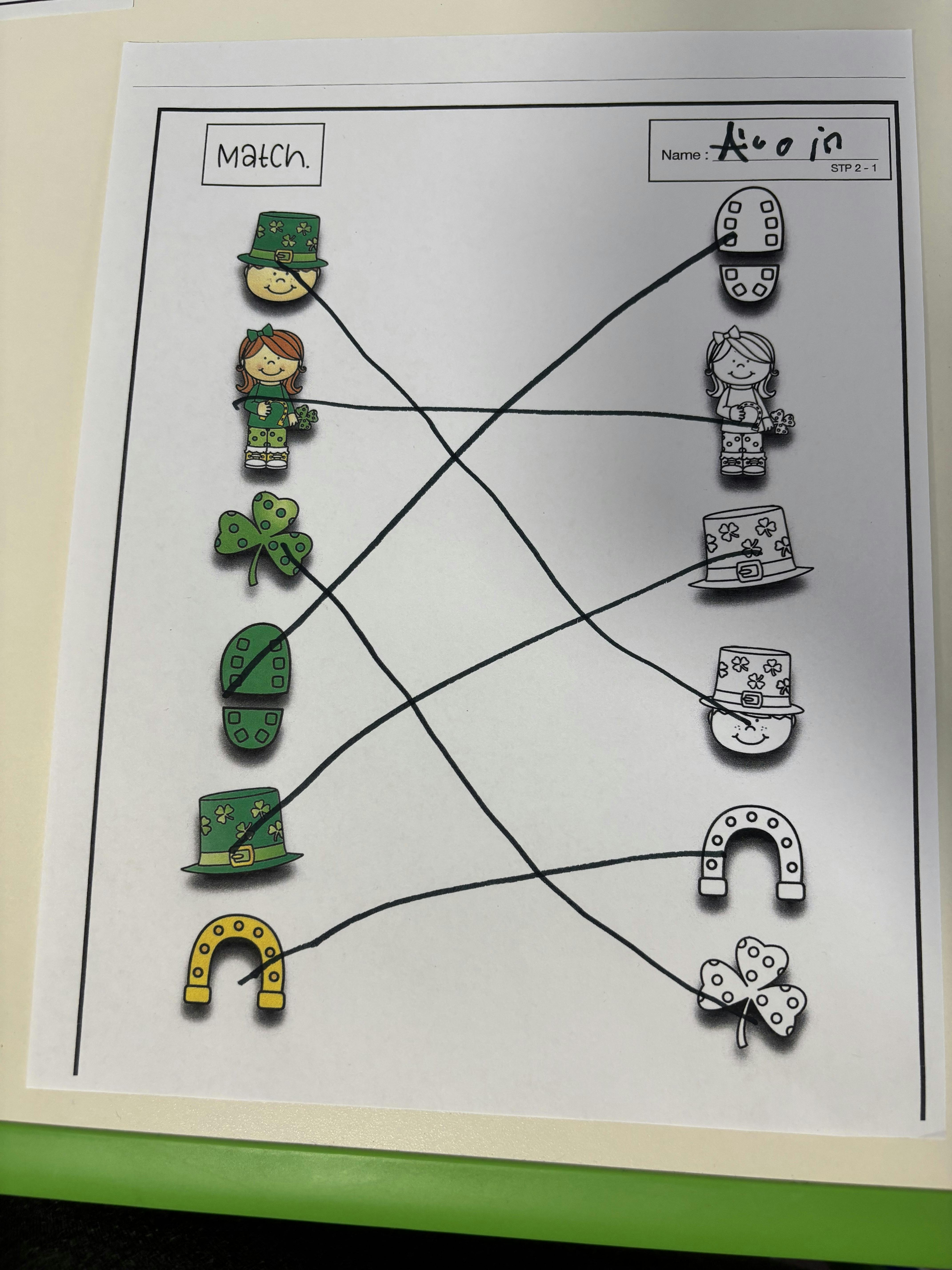 Match worksheet with St. Patrick's Day themed items connected by lines