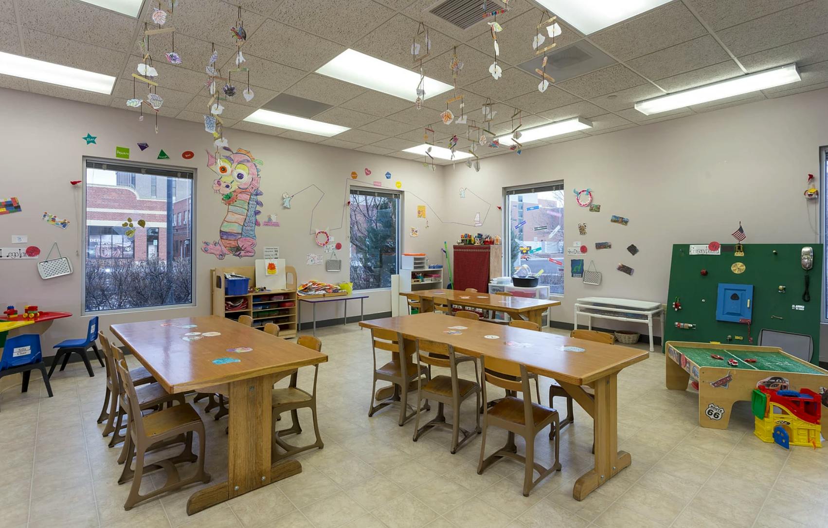 Empty classroom with tables and chairs