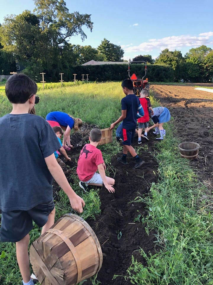 Children working in a field, some digging in the dirt, others holding baskets
