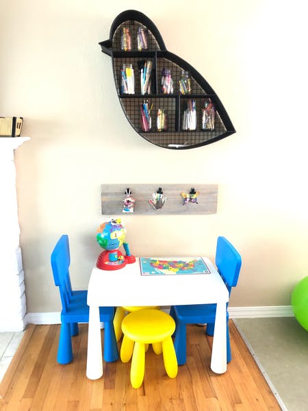 Children's table with two blue chairs and a yellow stool