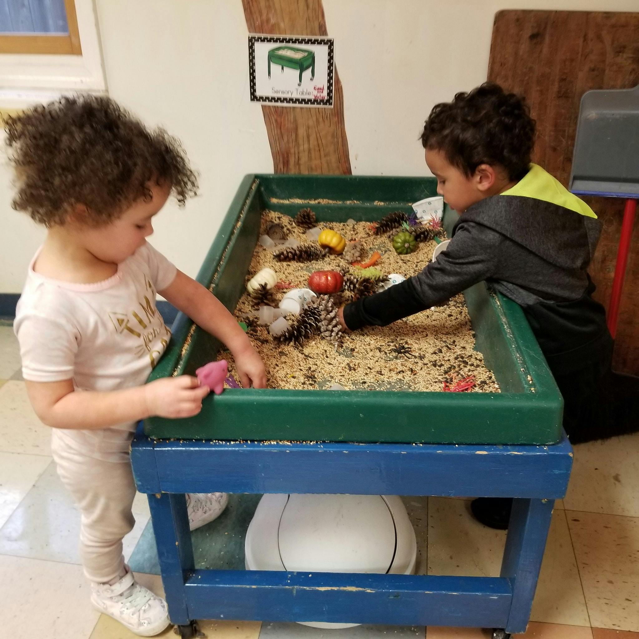 Two children playing in a sensory bin with rice and pinecones