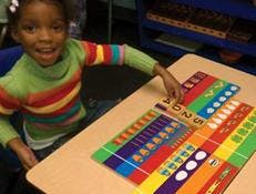 Child playing with colorful learning blocks at a table