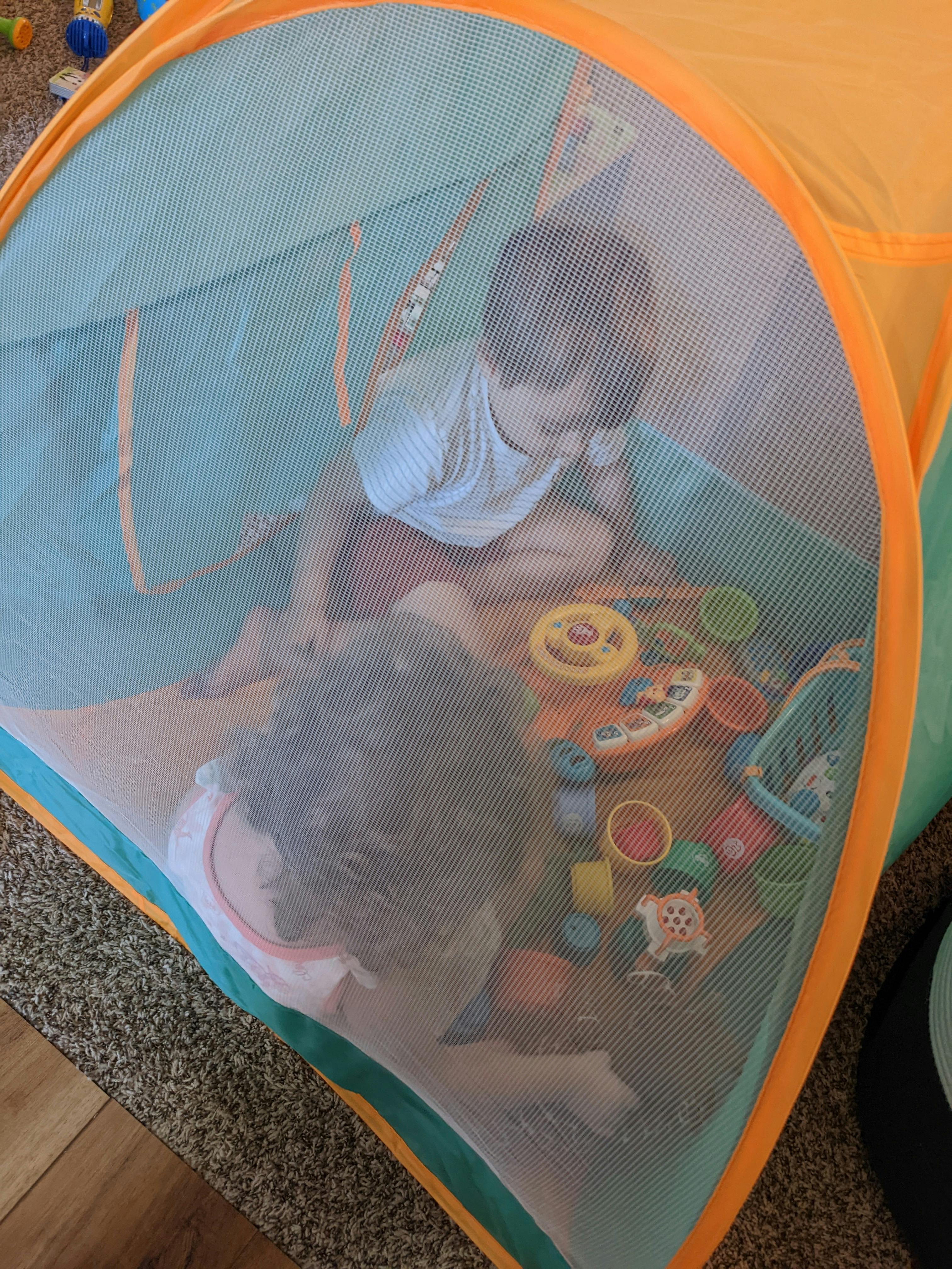 Two children playing with toys inside a mesh play tent