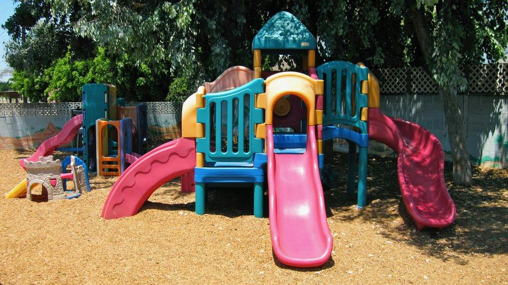 Playground with multiple slides and climbing structures