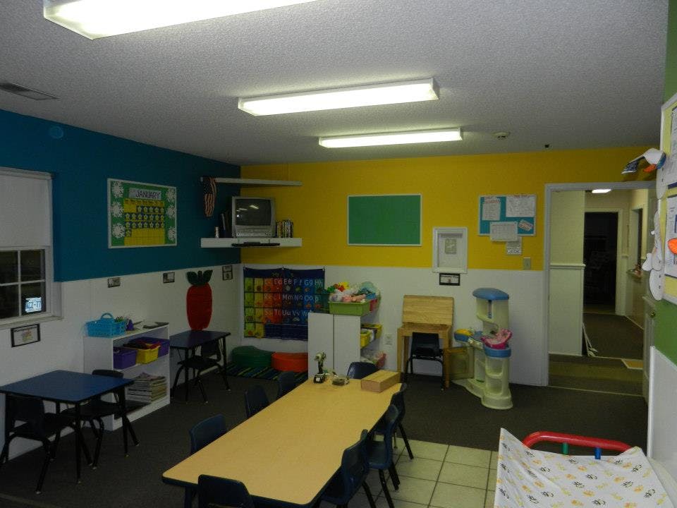 Classroom with colorful walls, tables, and chairs