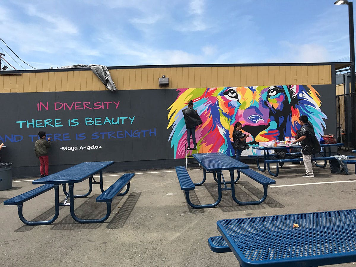 People painting a colorful lion mural and text on a wall