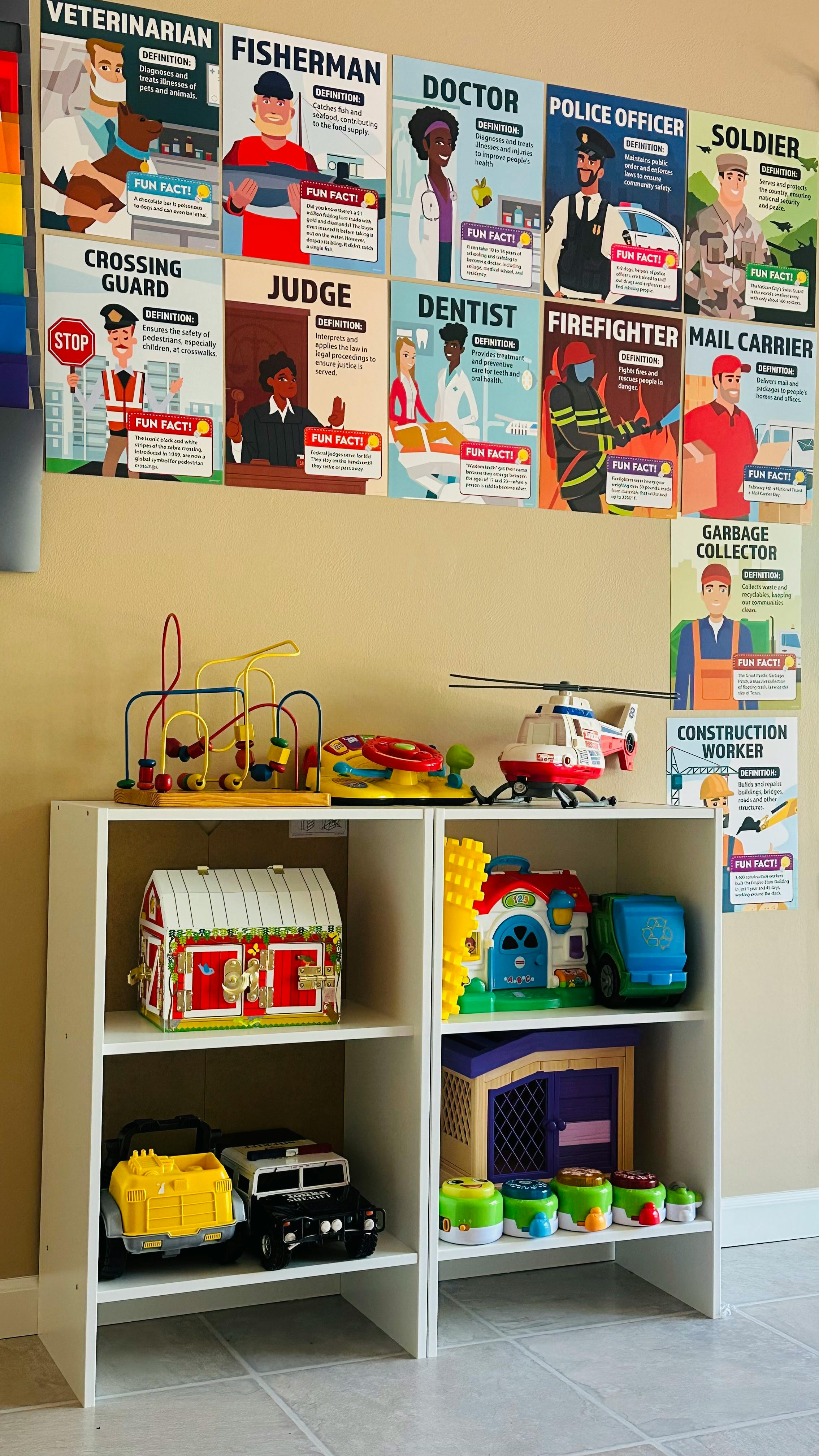 Posters of different occupations above a shelf with toys