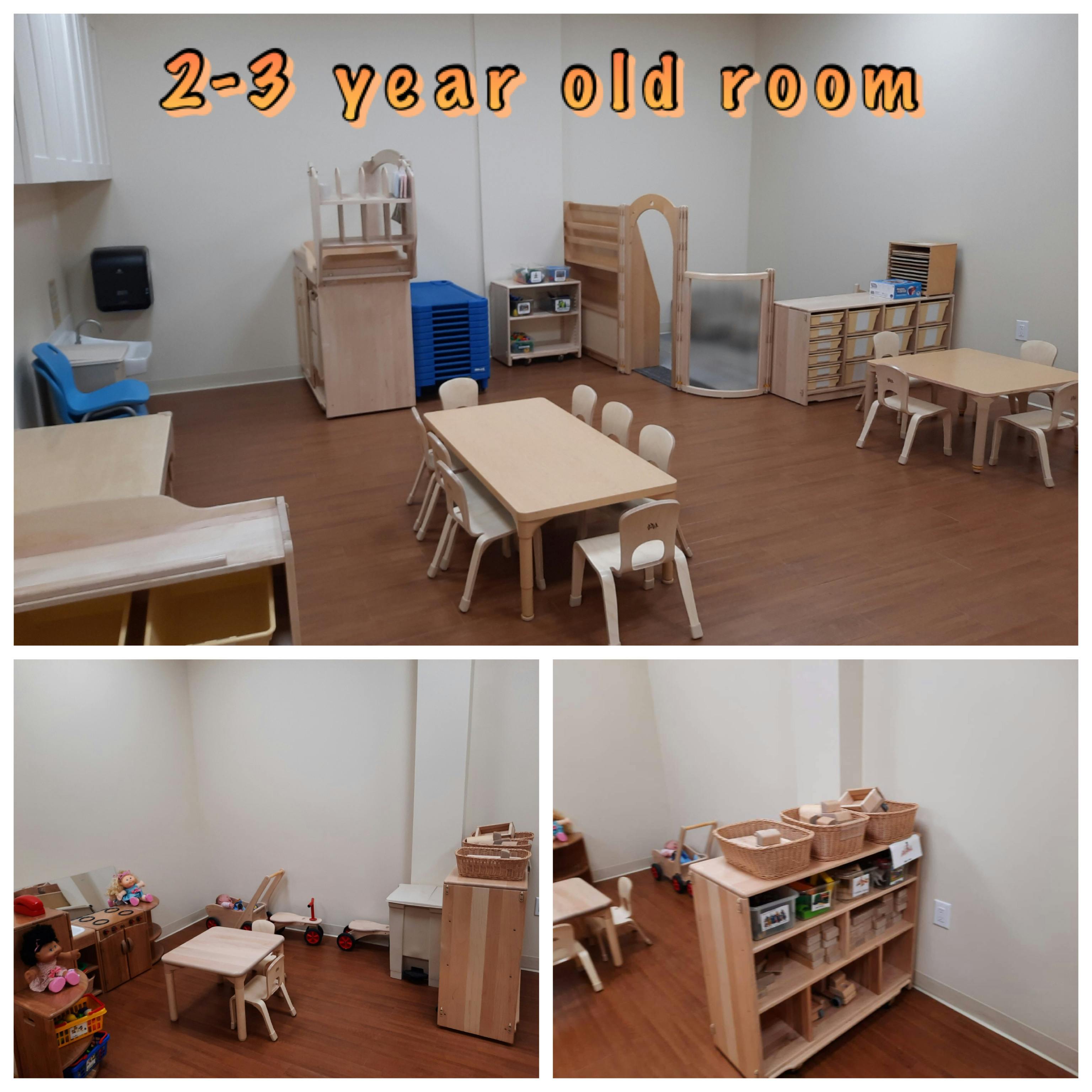 Classroom with small tables and chairs, shelves, and other furniture