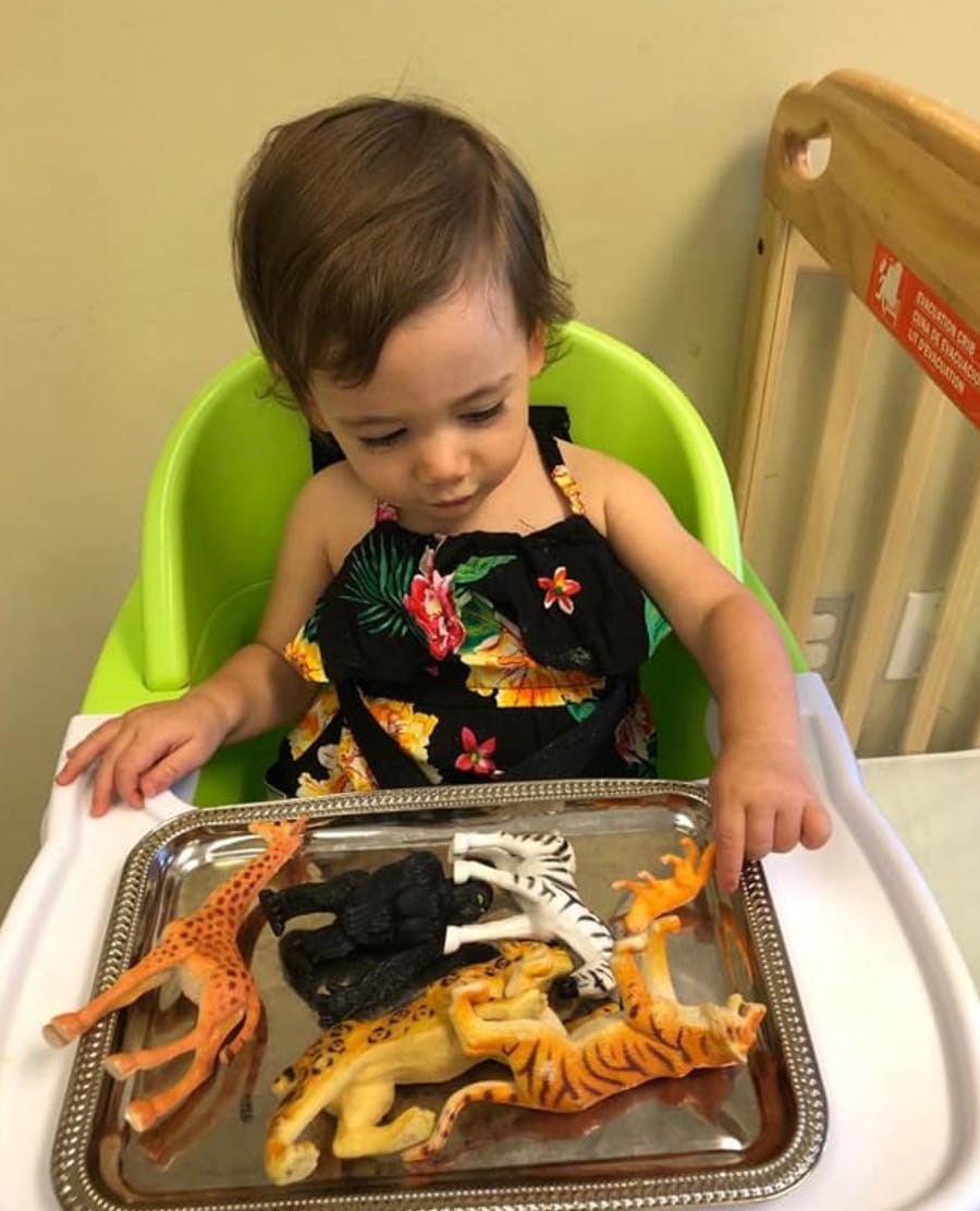 Child in a high chair playing with animal figurines on a tray