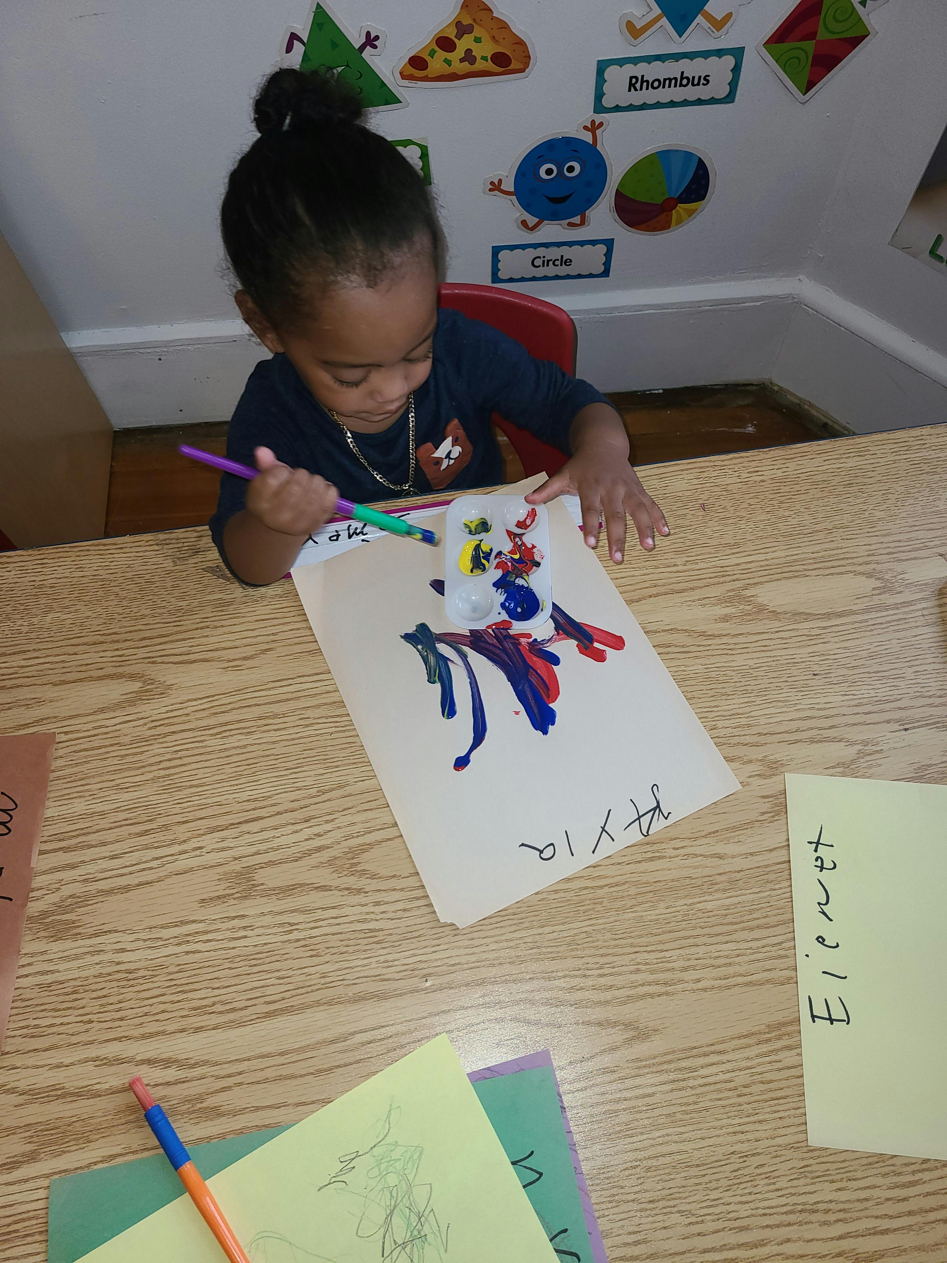 Child painting on paper at a table