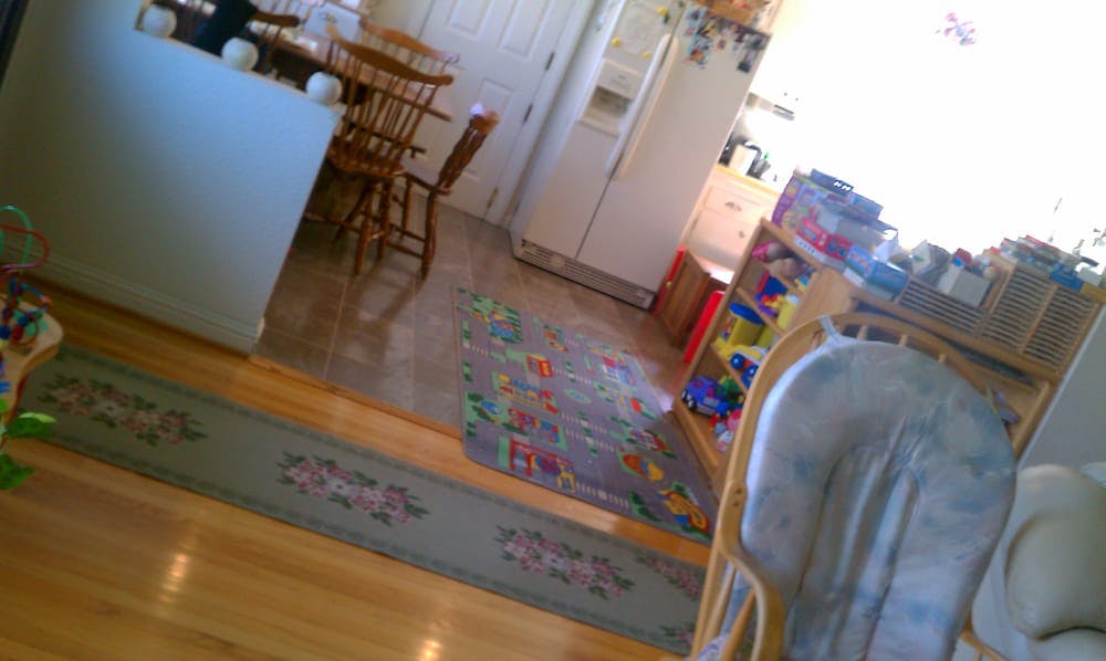 Kitchen and dining area with wooden floor and rug