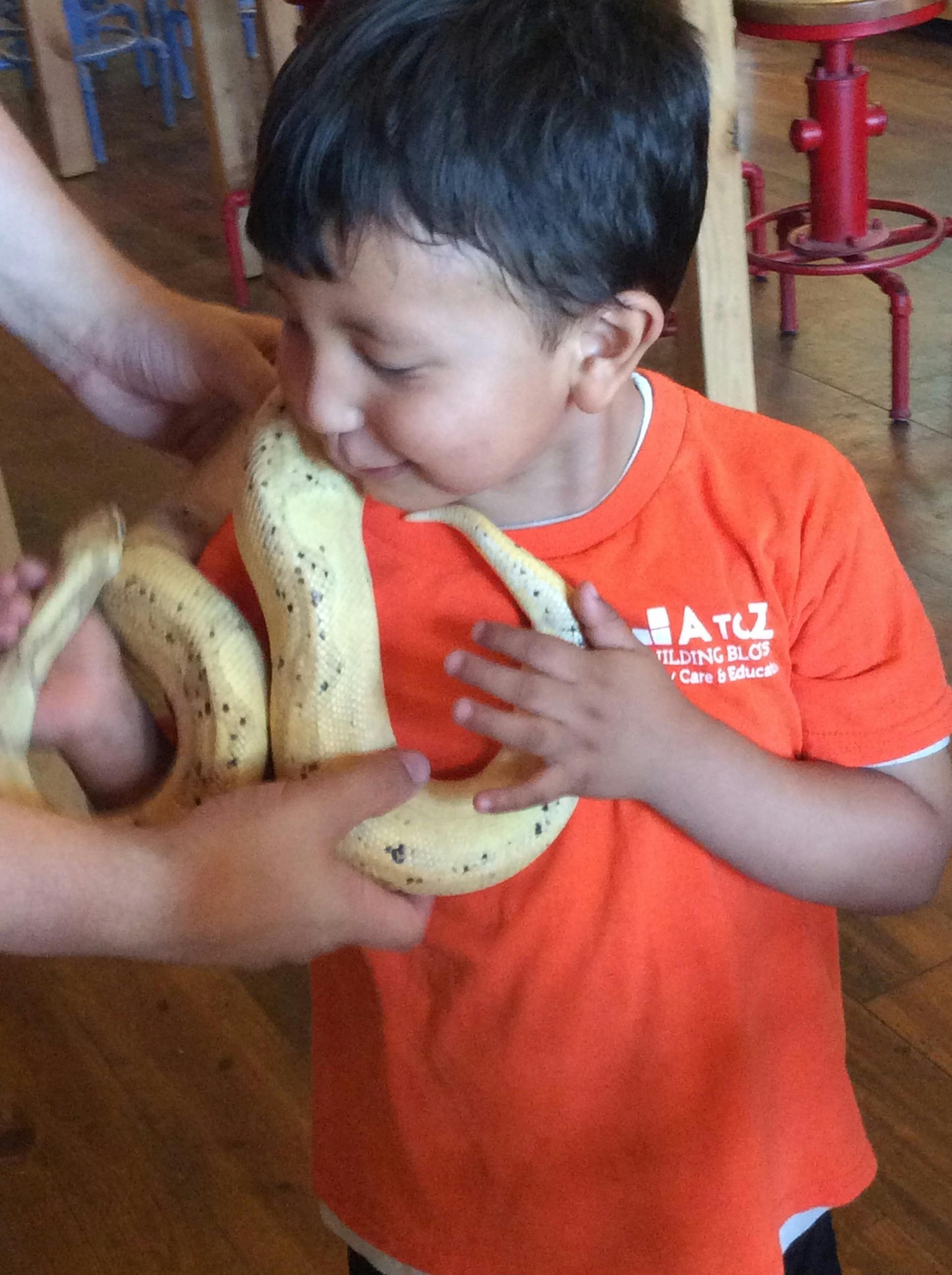 Child holding a large snake