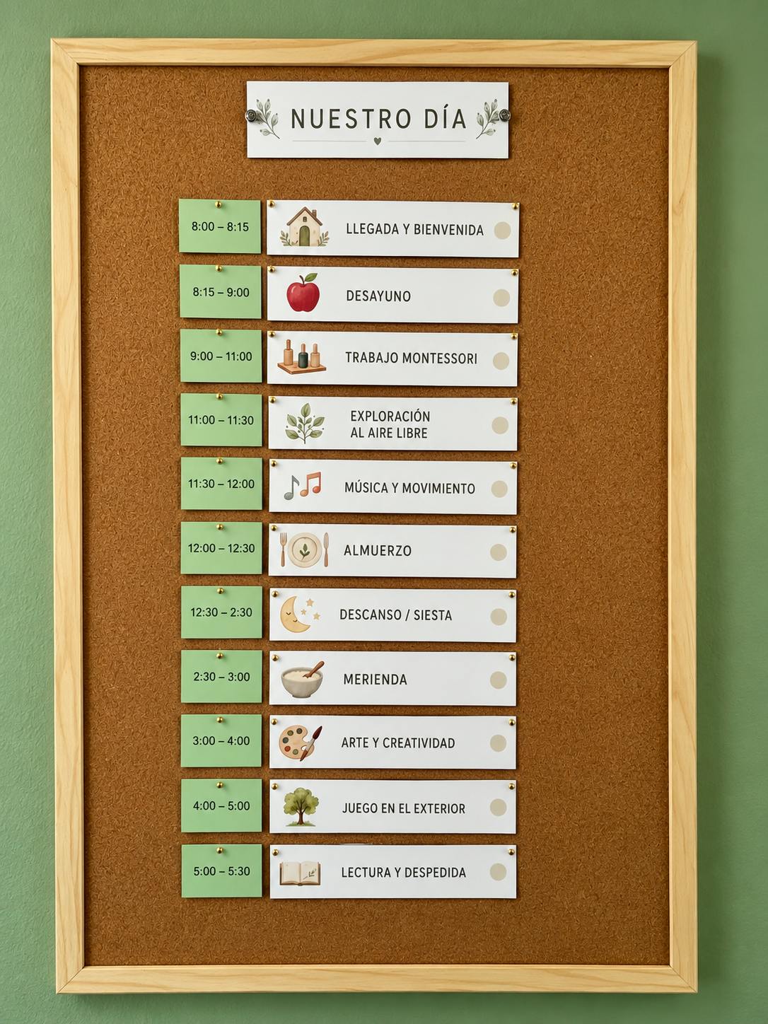 Daily schedule board titled Nuestro Dia with hourly activity icons and labels