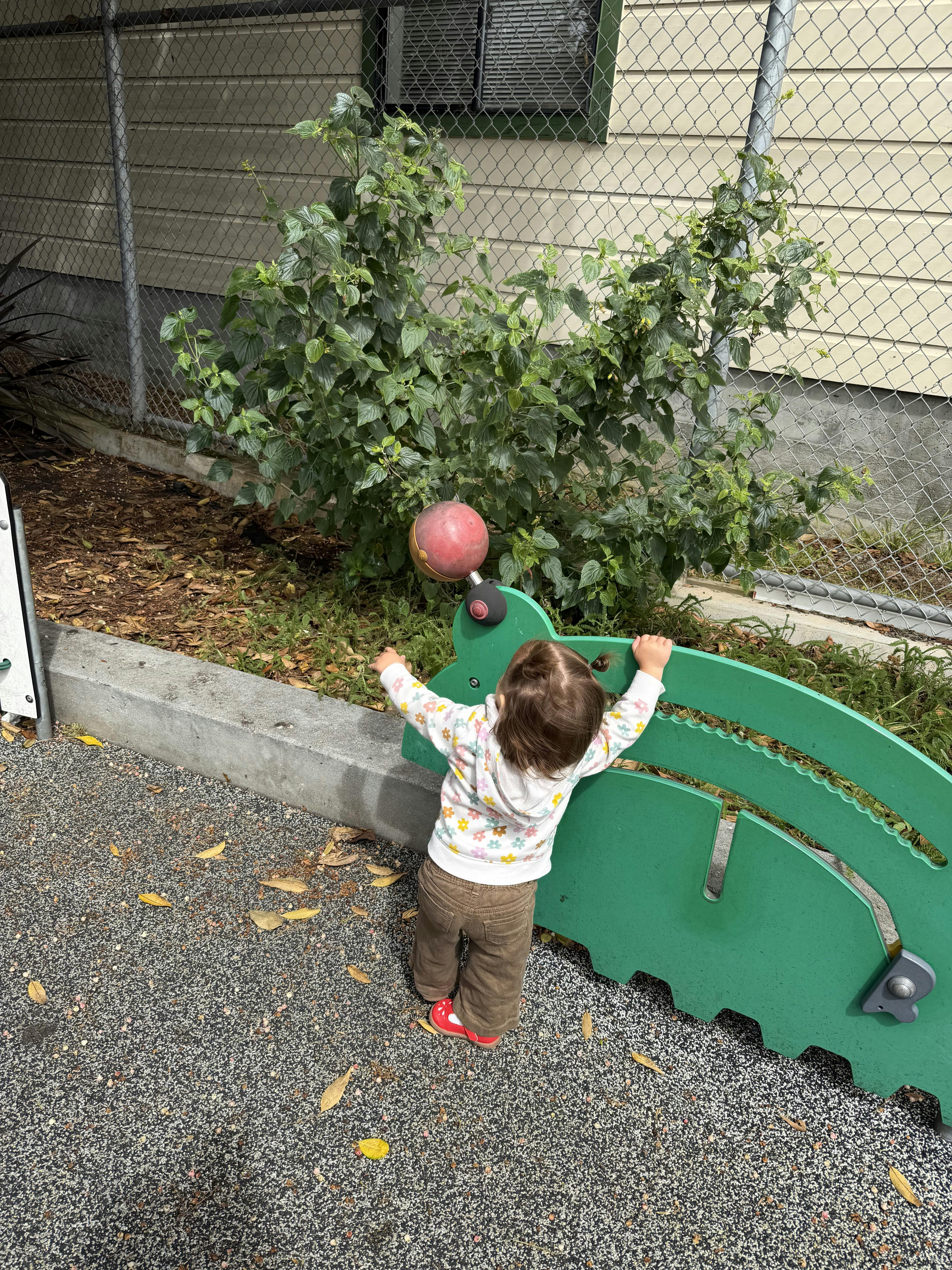 Child reaching for a ball on a green playground structure