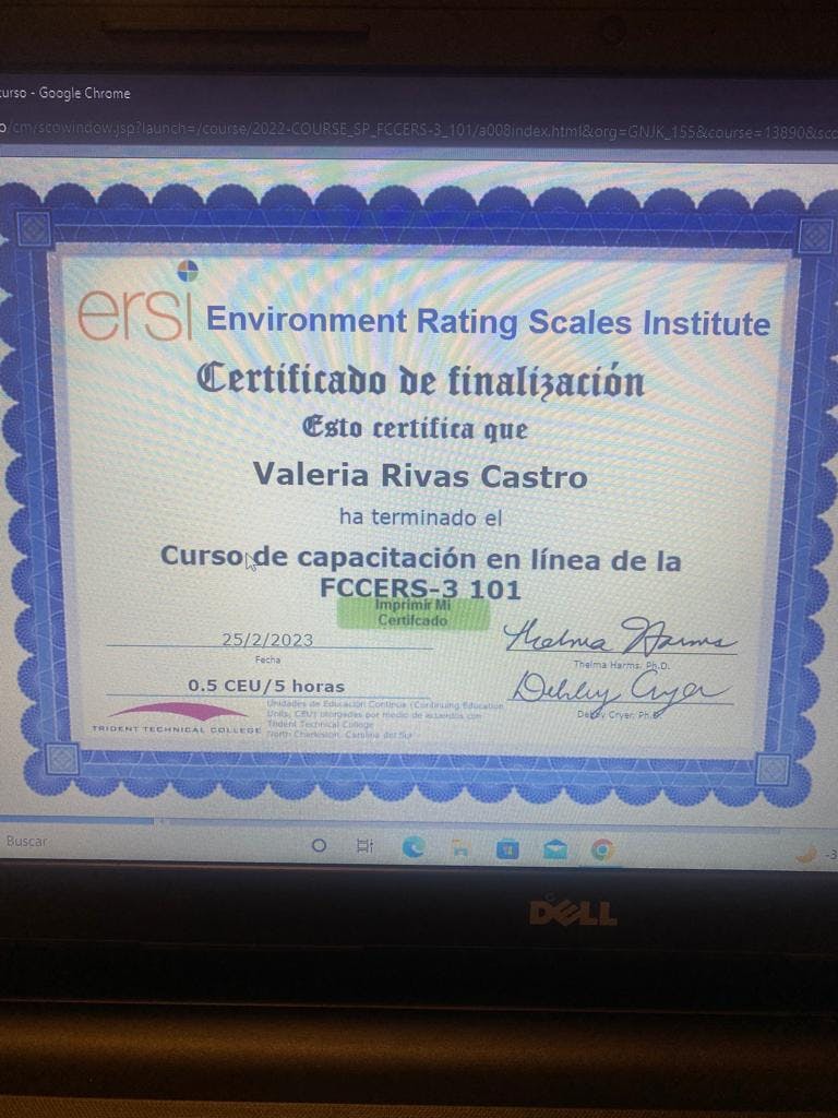 A computer screen showing a certificate of completion from the Environment Rating Scales Institute