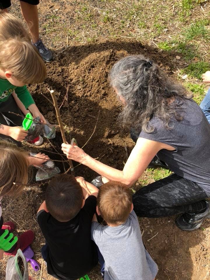 Adult and children planting a small tree