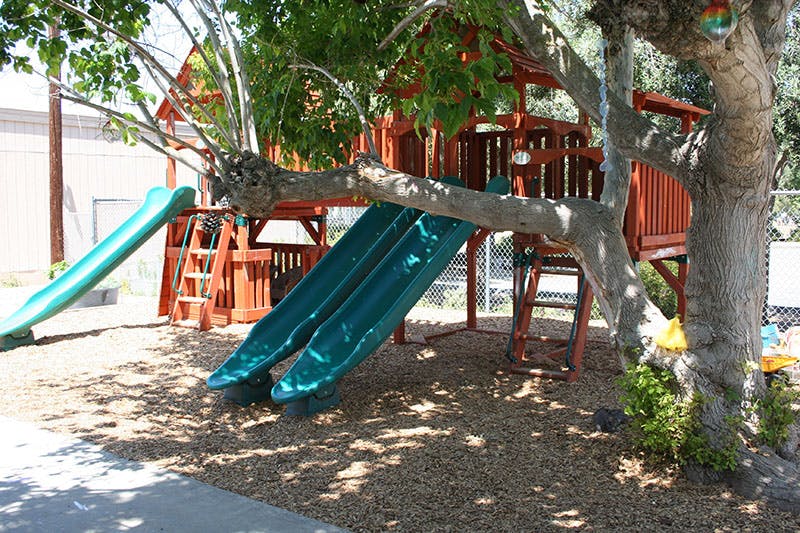 Playground with wooden structure and green slides