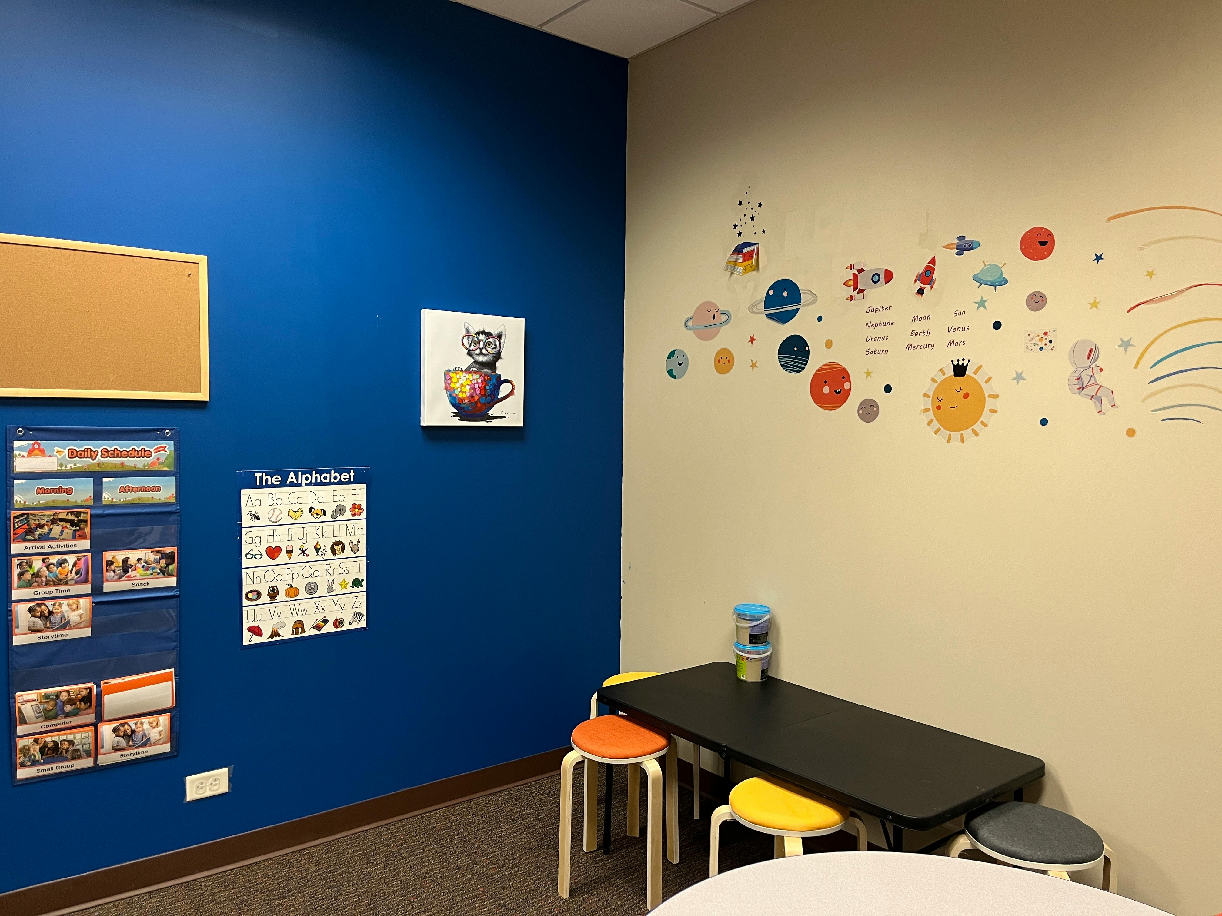 Room with blue and white walls, small table with stools, and wall decorations