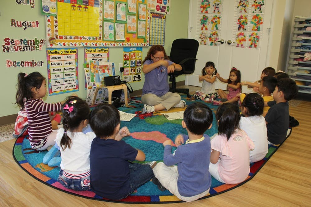 Adult and children sitting on a rug in a classroom
