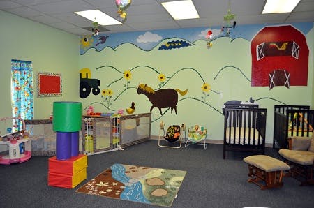 Nursery room with farm-themed wall mural, cribs, and play area