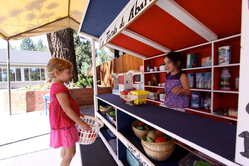Two children playing in a toy store or market stall