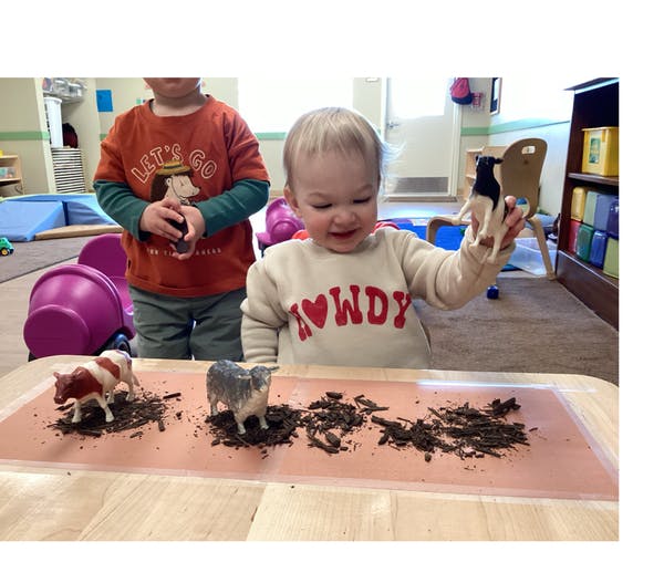 Two children playing with toy farm animals and wood chips on a table